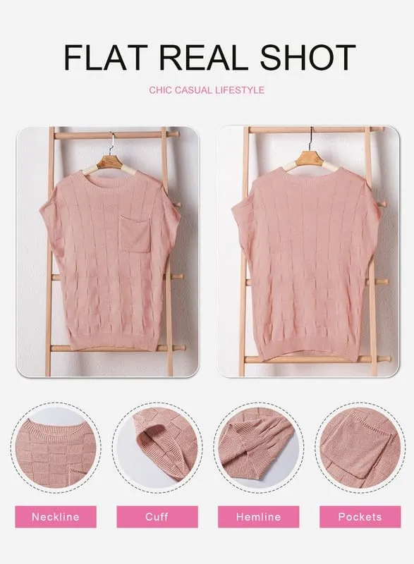 SHEWIN Summer Tops for Women 2024 Sweater Vest Solid Crewneck Basic Loose Fit Summer Sweaters for Women Dusty Pink