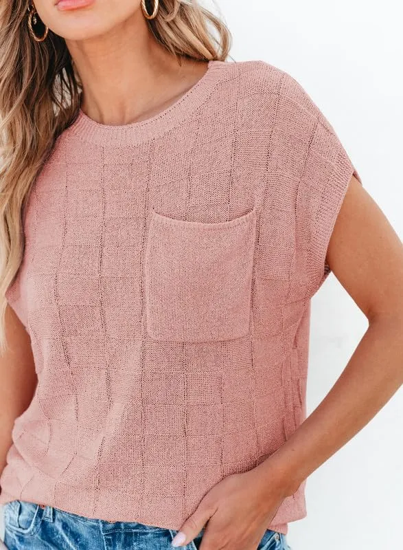 SHEWIN Summer Tops for Women 2024 Sweater Vest Solid Crewneck Basic Loose Fit Summer Sweaters for Women Dusty Pink