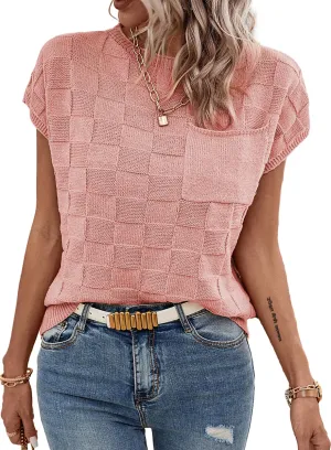 SHEWIN Summer Tops for Women 2024 Sweater Vest Solid Crewneck Basic Loose Fit Summer Sweaters for Women Dusty Pink