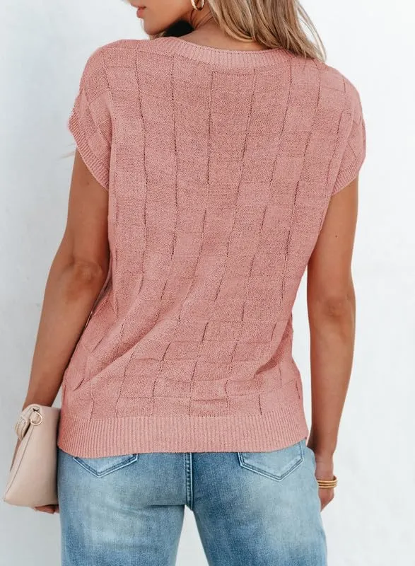 SHEWIN Summer Tops for Women 2024 Sweater Vest Solid Crewneck Basic Loose Fit Summer Sweaters for Women Dusty Pink