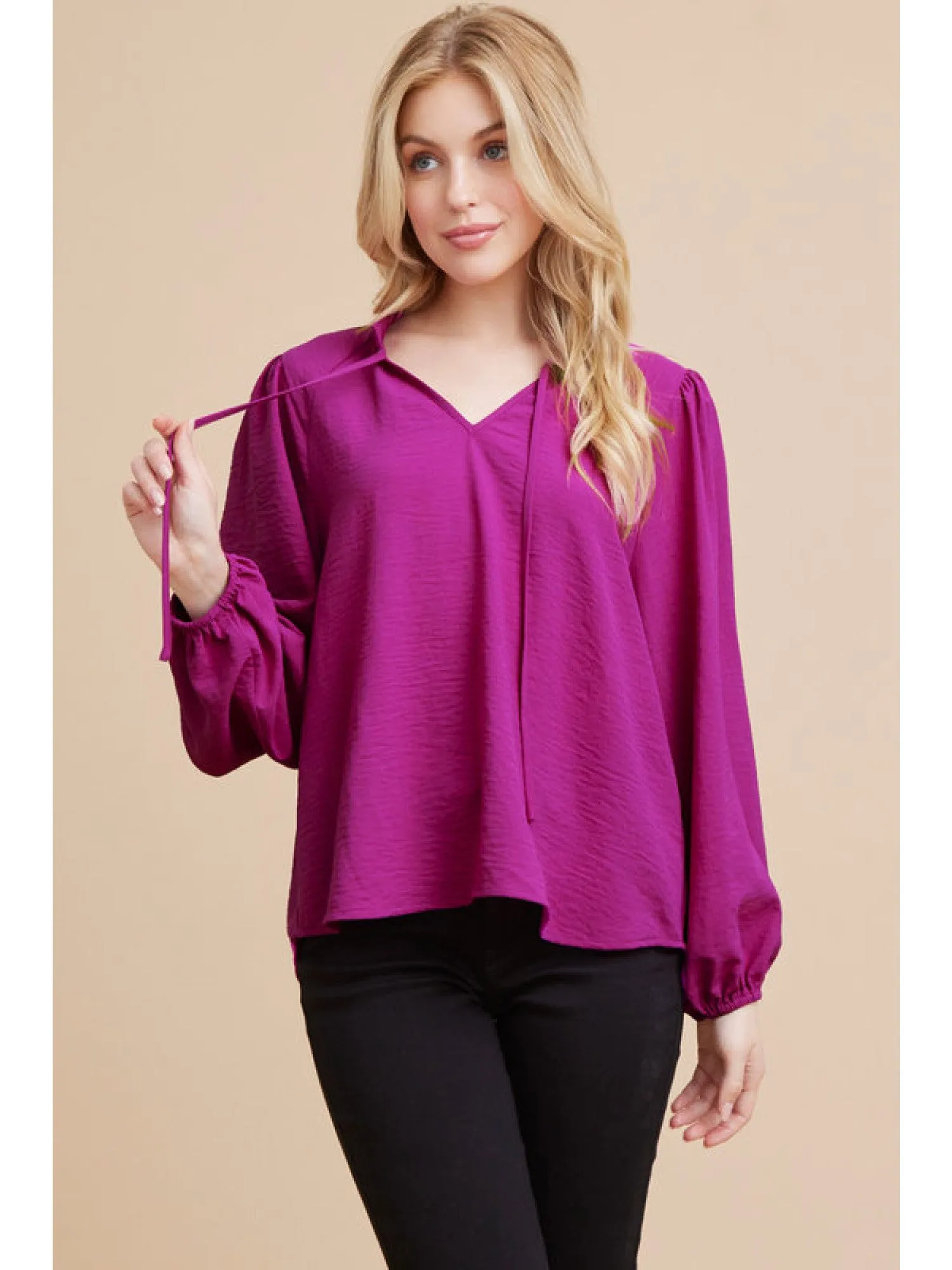 Solid Top with Frilled Self-Tie Neck Blouse