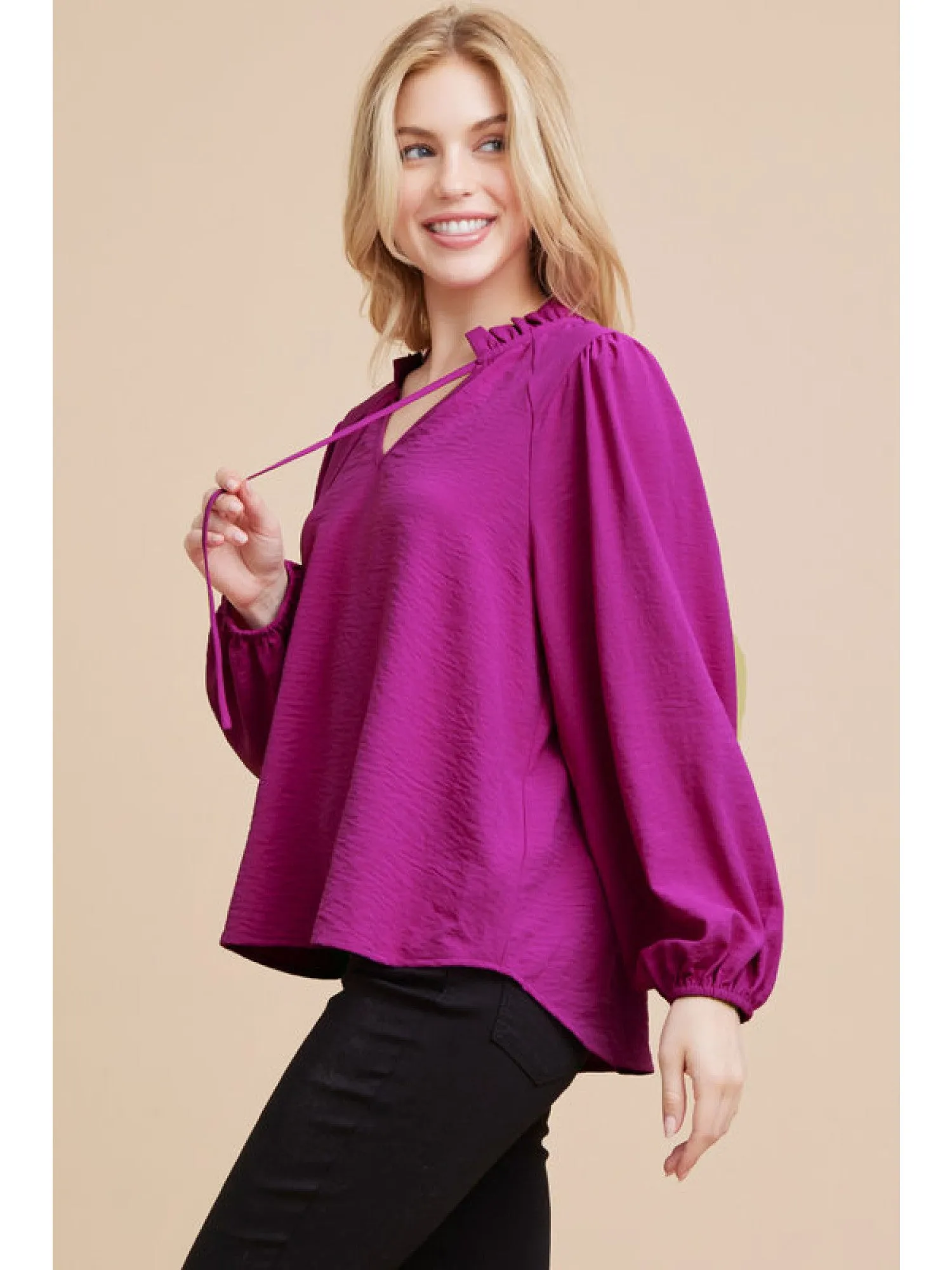 Solid Top with Frilled Self-Tie Neck Blouse