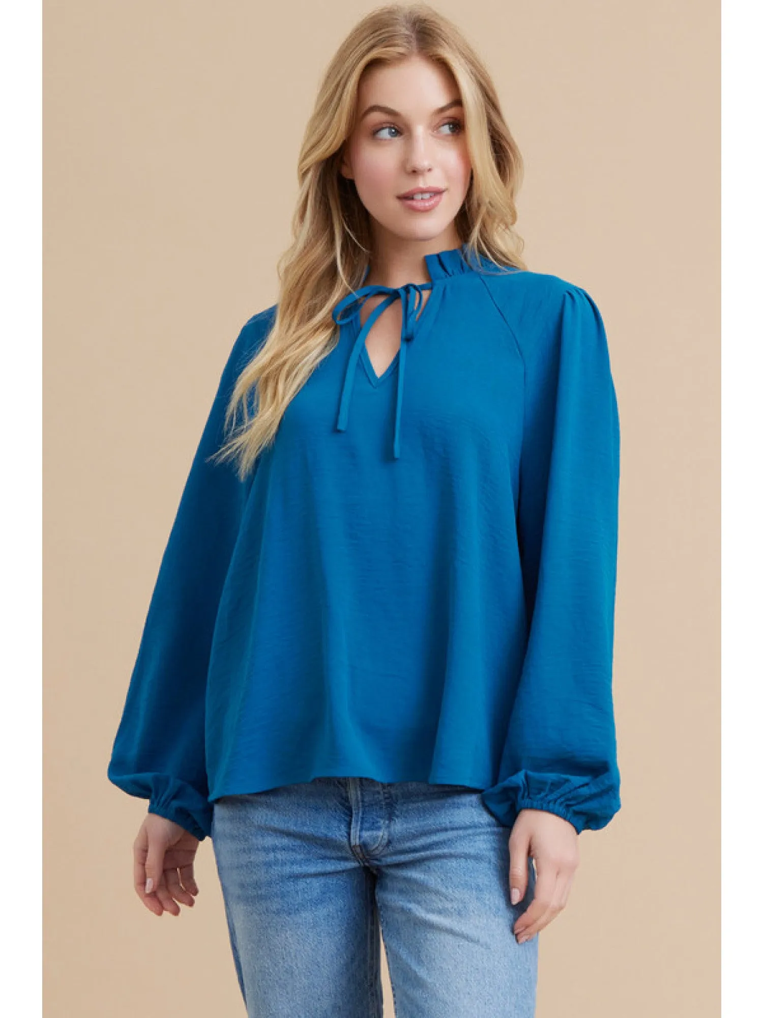 Solid Top with Frilled Self-Tie Neck Blouse