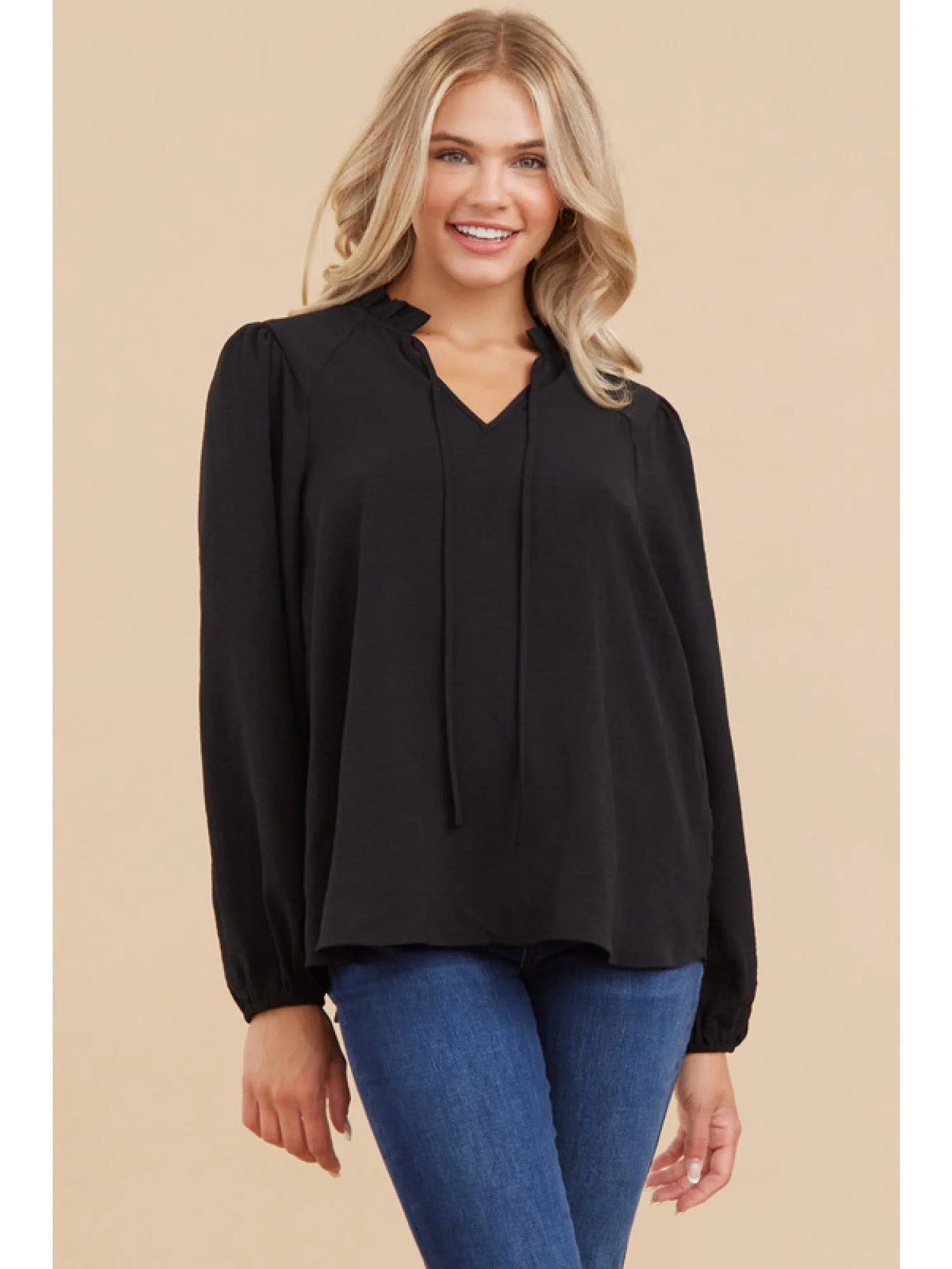 Solid Top with Frilled Self-Tie Neck Blouse
