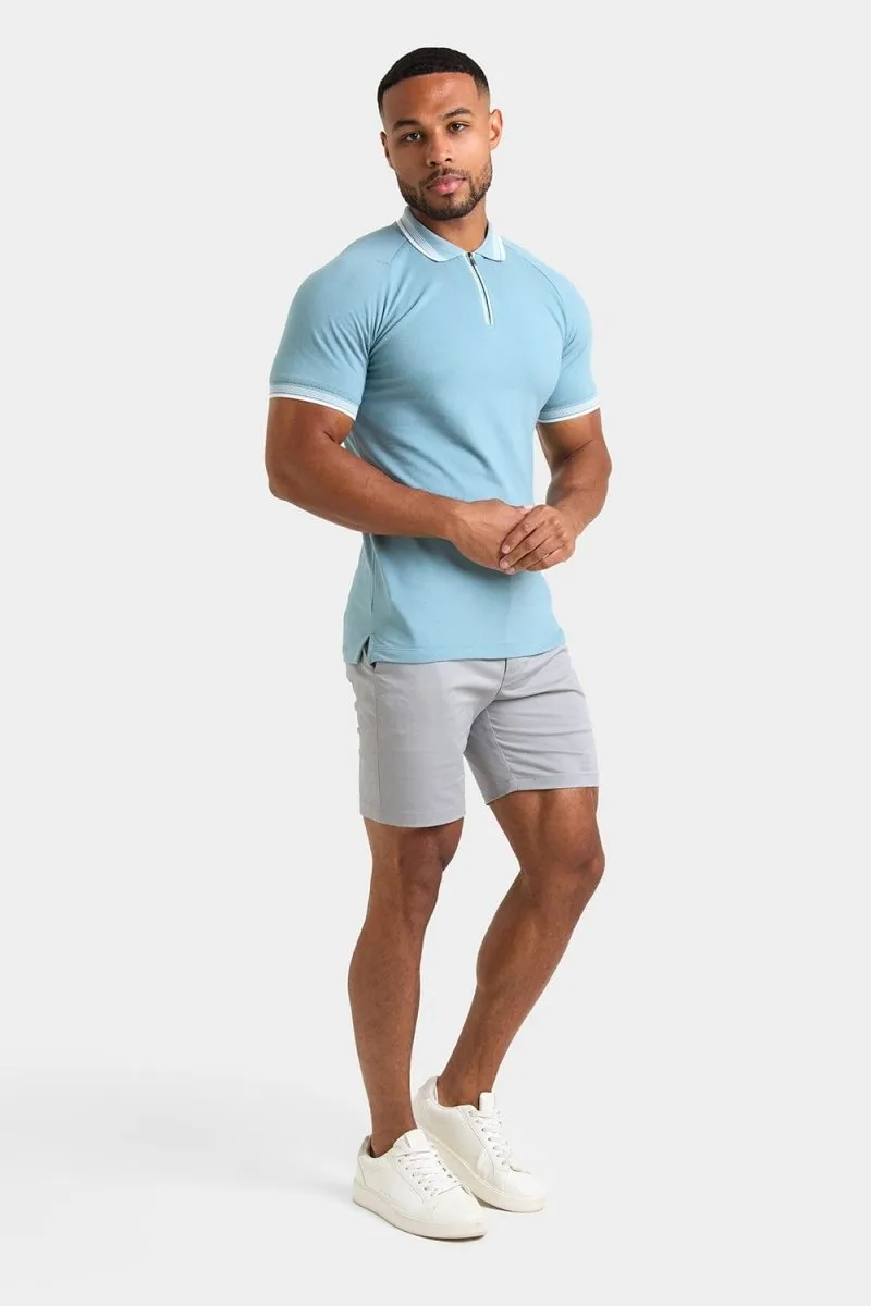 Stripe Tipped Zip Neck Polo Shirt in Aqua