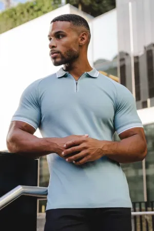 Stripe Tipped Zip Neck Polo Shirt in Aqua