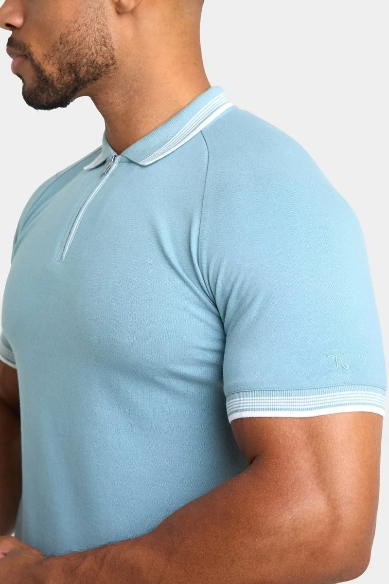Stripe Tipped Zip Neck Polo Shirt in Aqua