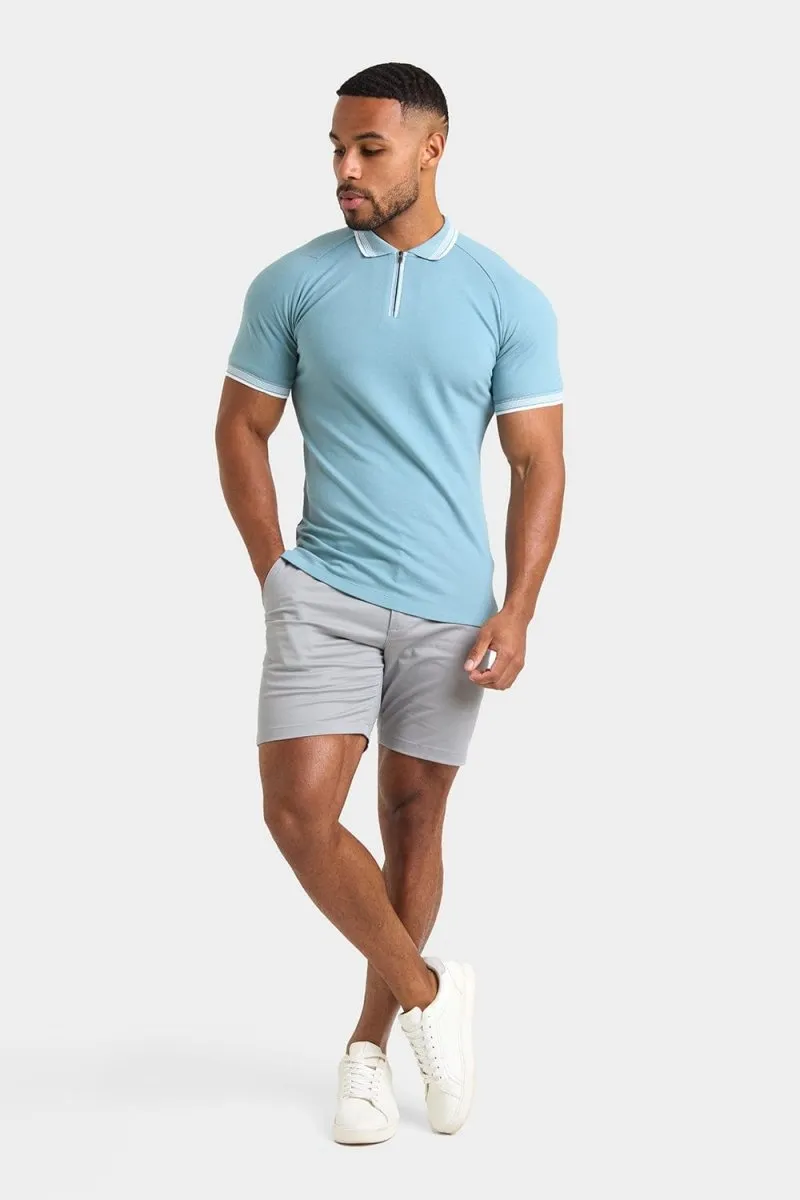 Stripe Tipped Zip Neck Polo Shirt in Aqua