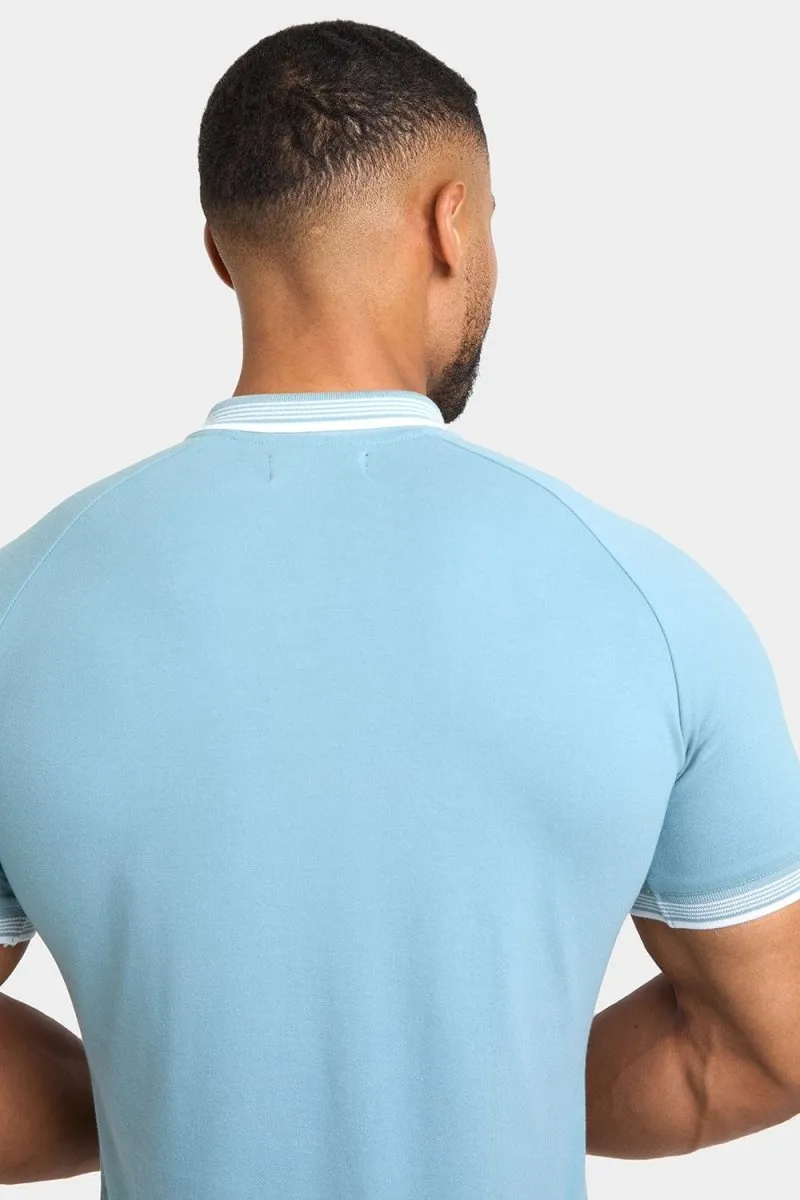 Stripe Tipped Zip Neck Polo Shirt in Aqua