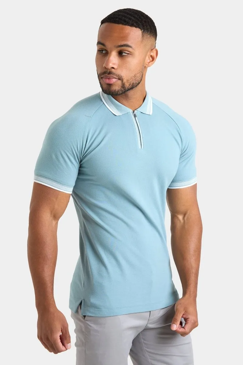 Stripe Tipped Zip Neck Polo Shirt in Aqua