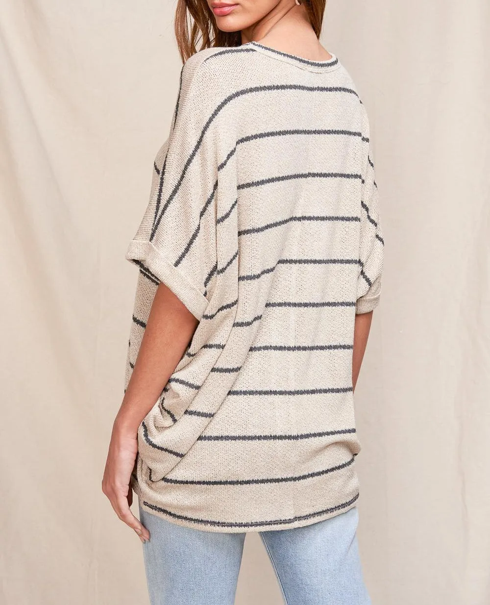 Striped Knit Dolman Short Sleeve Tee (Assorted Colors)