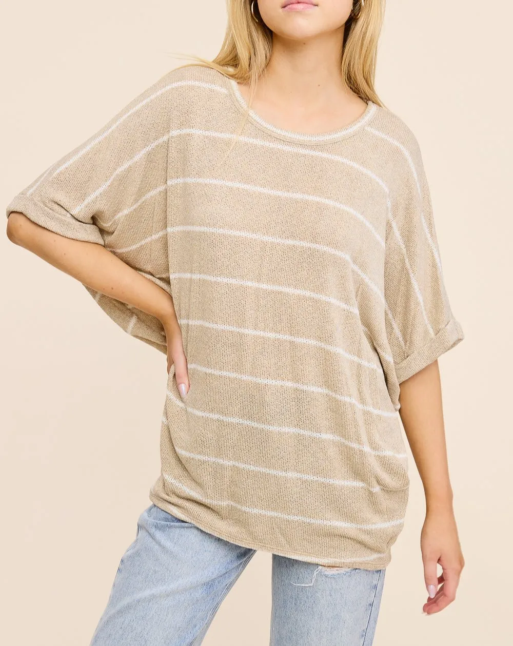 Striped Knit Dolman Short Sleeve Tee (Assorted Colors)