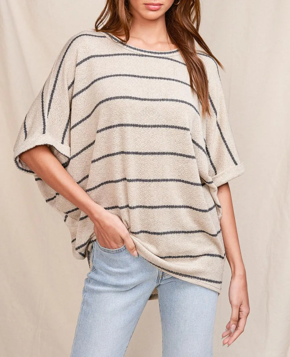 Striped Knit Dolman Short Sleeve Tee (Assorted Colors)