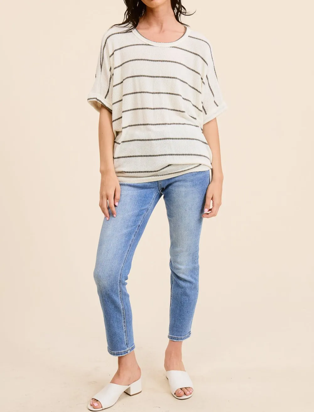 Striped Knit Dolman Short Sleeve Tee (Assorted Colors)