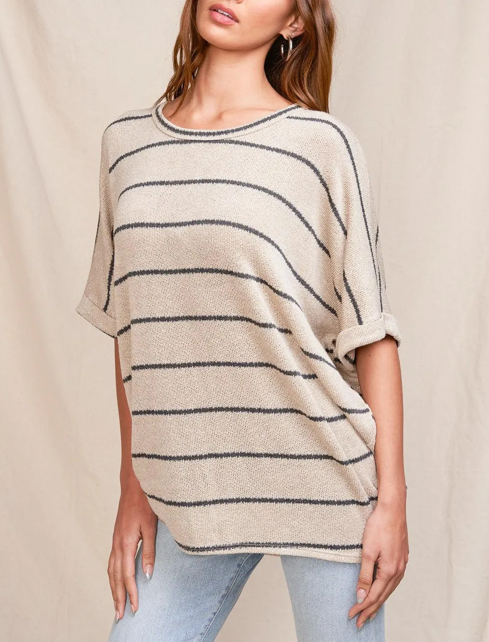 Striped Knit Dolman Short Sleeve Tee (Assorted Colors)