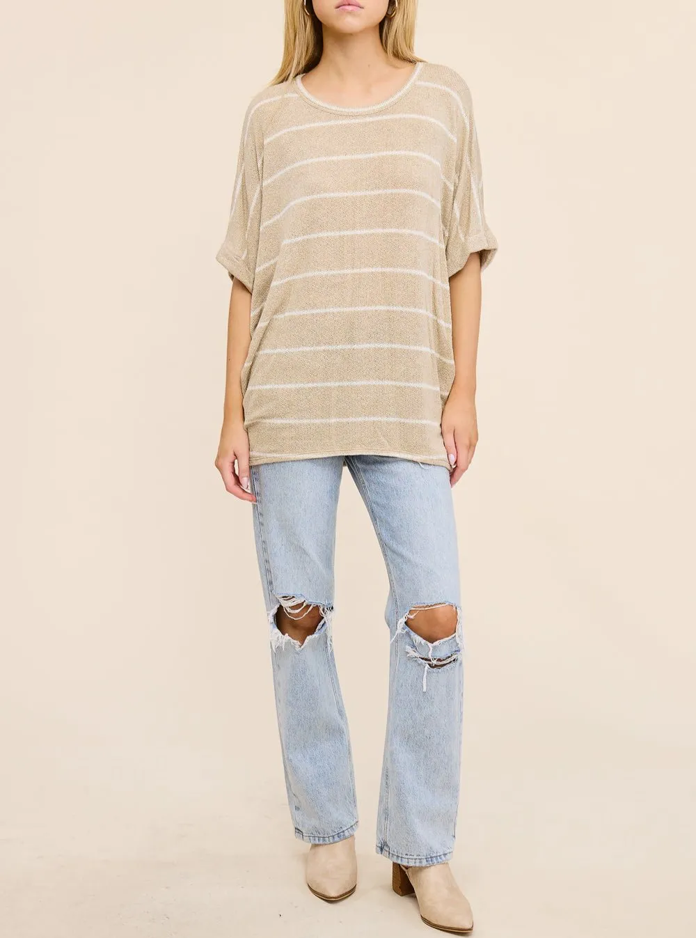 Striped Knit Dolman Short Sleeve Tee (Assorted Colors)