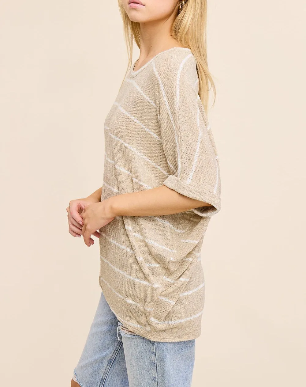 Striped Knit Dolman Short Sleeve Tee (Assorted Colors)