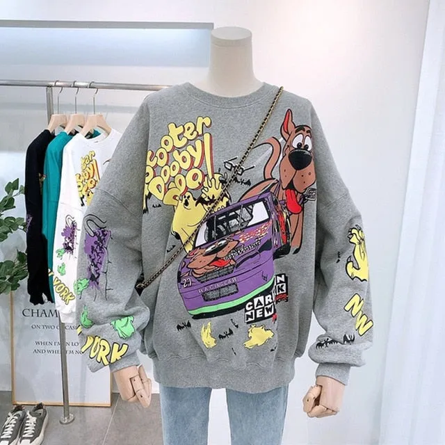 Sweatshirt Hoodie Spring Autumn Plus Size Lantern Sleeve Anime Pattern Long Sleeve Round Neck Kawaii Hoodies Women