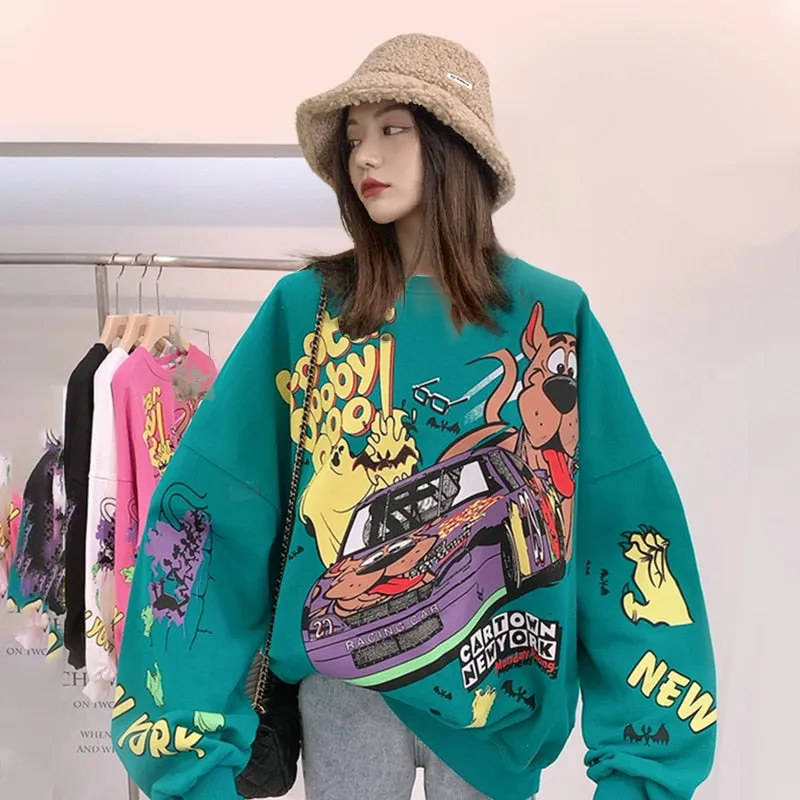 Sweatshirt Hoodie Spring Autumn Plus Size Lantern Sleeve Anime Pattern Long Sleeve Round Neck Kawaii Hoodies Women