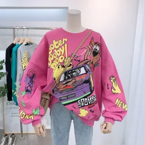 Sweatshirt Hoodie Spring Autumn Plus Size Lantern Sleeve Anime Pattern Long Sleeve Round Neck Kawaii Hoodies Women