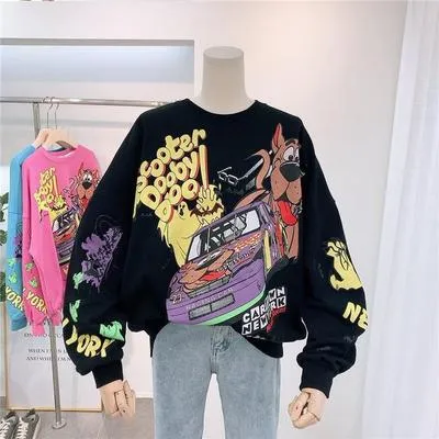 Sweatshirt Hoodie Spring Autumn Plus Size Lantern Sleeve Anime Pattern Long Sleeve Round Neck Kawaii Hoodies Women