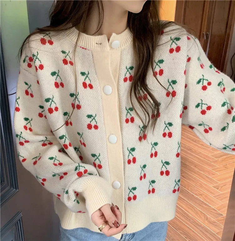 Sweet Cherries Printed Knitted Cardigan Sweater