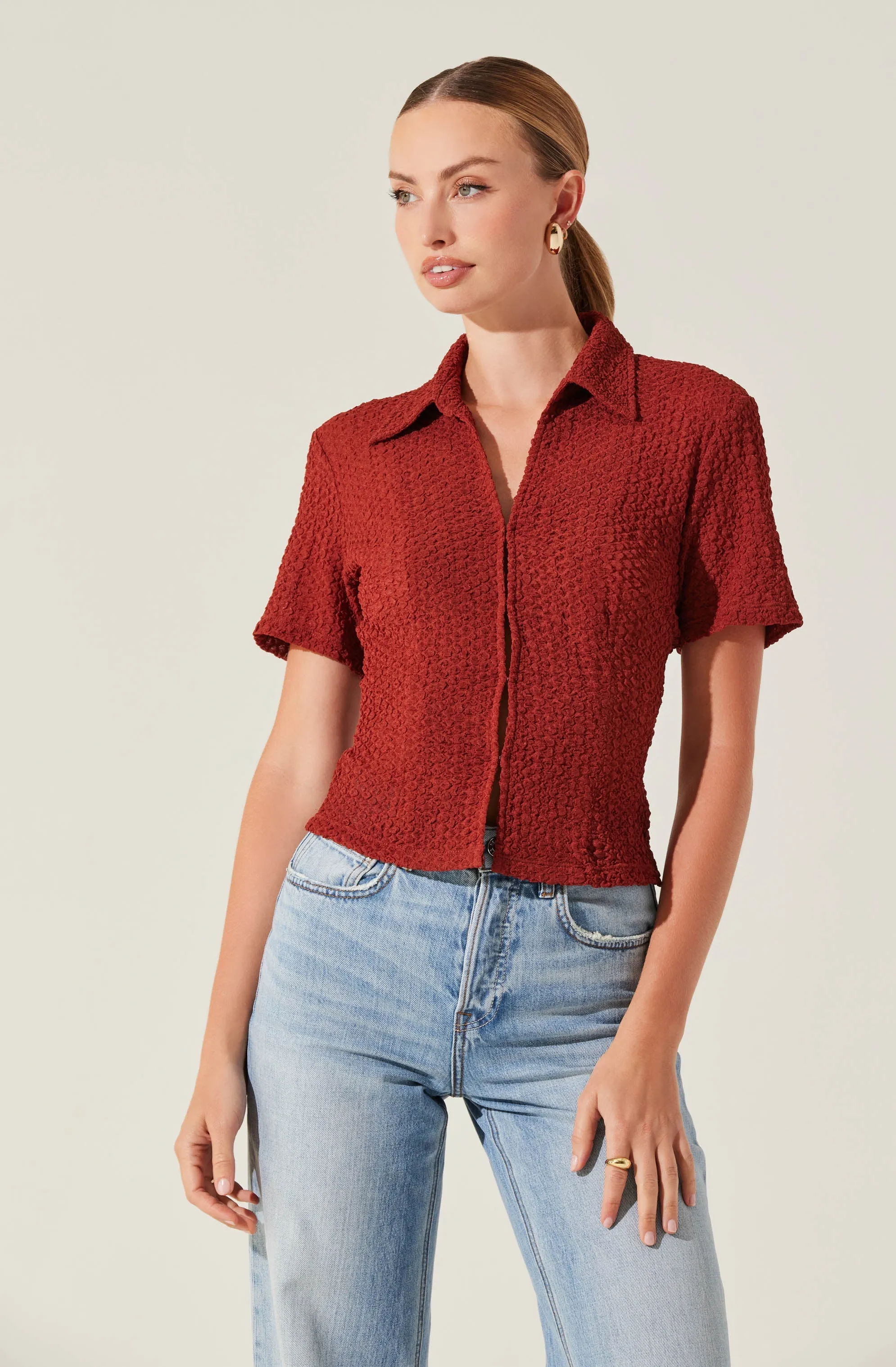 Textured Collared Hook-Closure Top