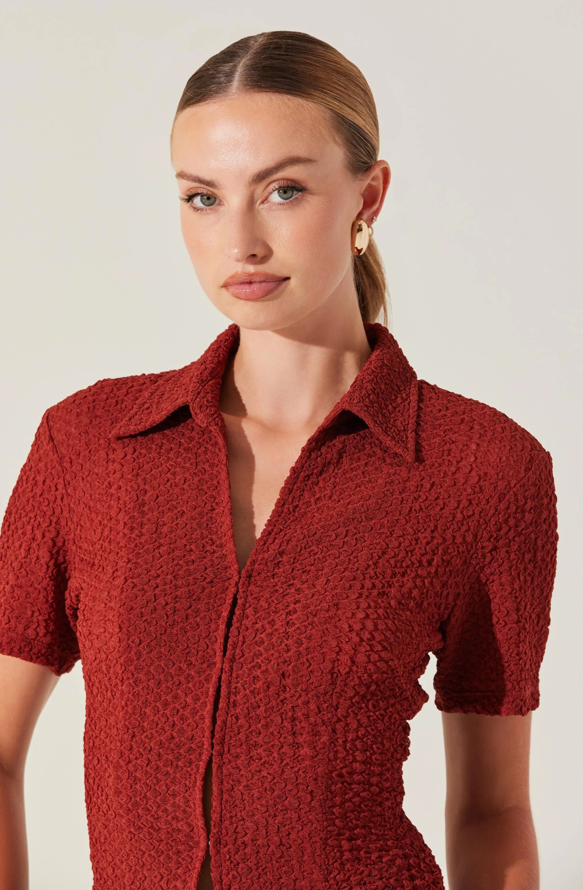 Textured Collared Hook-Closure Top