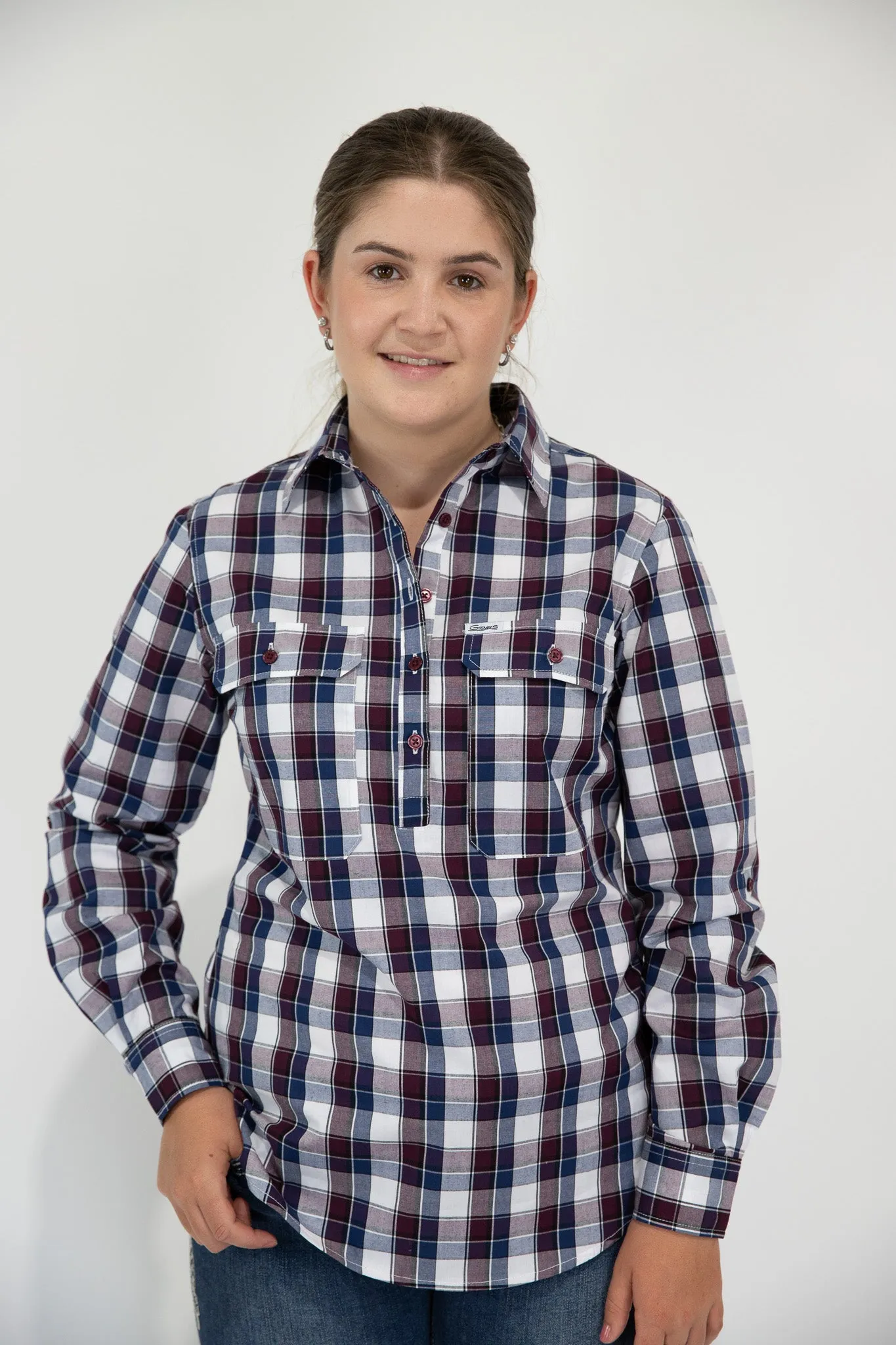Tracey - 1/2 Button Front Plaid Long Sleeve Cotton Collared Shirt