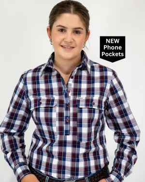 Tracey - 1/2 Button Front Plaid Long Sleeve Cotton Collared Shirt