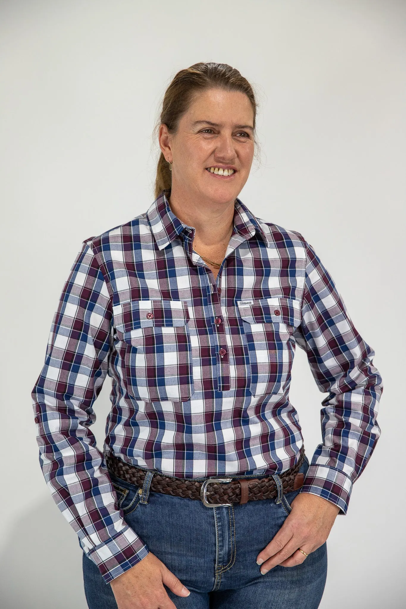 Tracey - 1/2 Button Front Plaid Long Sleeve Cotton Collared Shirt