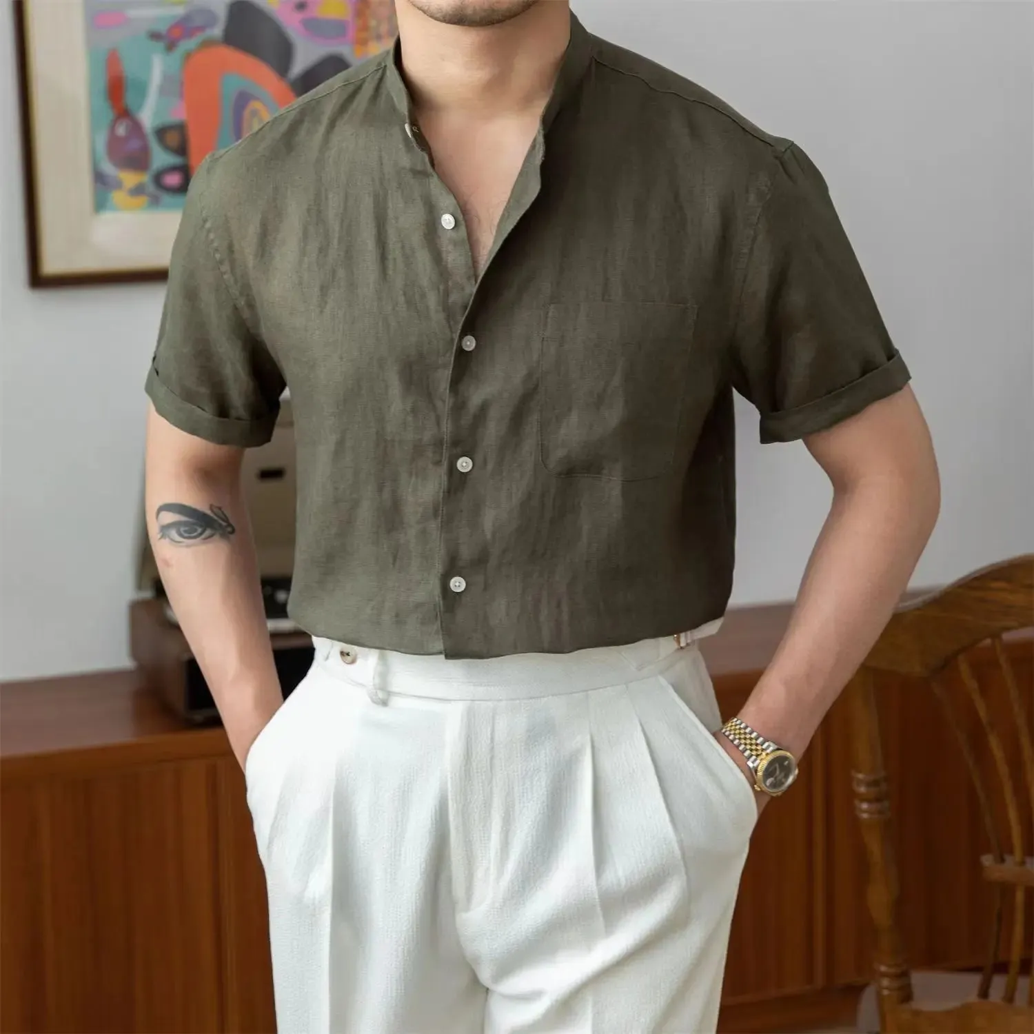 UrbanClass Herren Vintage Leinenhemd