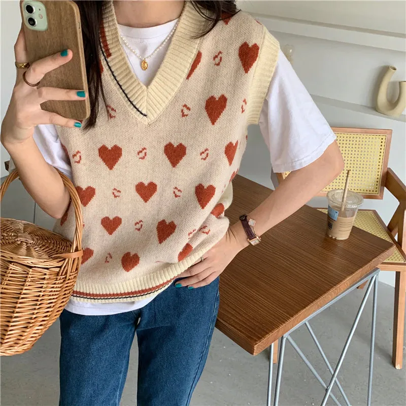 V-Neck Heart Pattern Sleeveless Knitted Vest Sweater