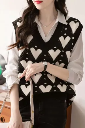 V-Neck Hearts Pattern Knitted Vest Sweater