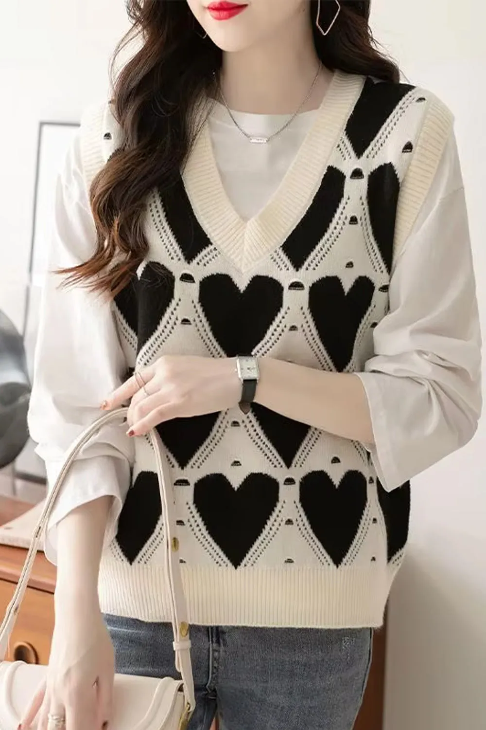 V-Neck Hearts Pattern Knitted Vest Sweater
