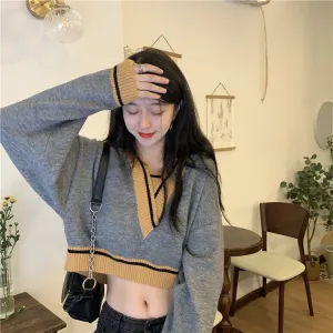 V-Neck Retro Panelled Cropped Sweater