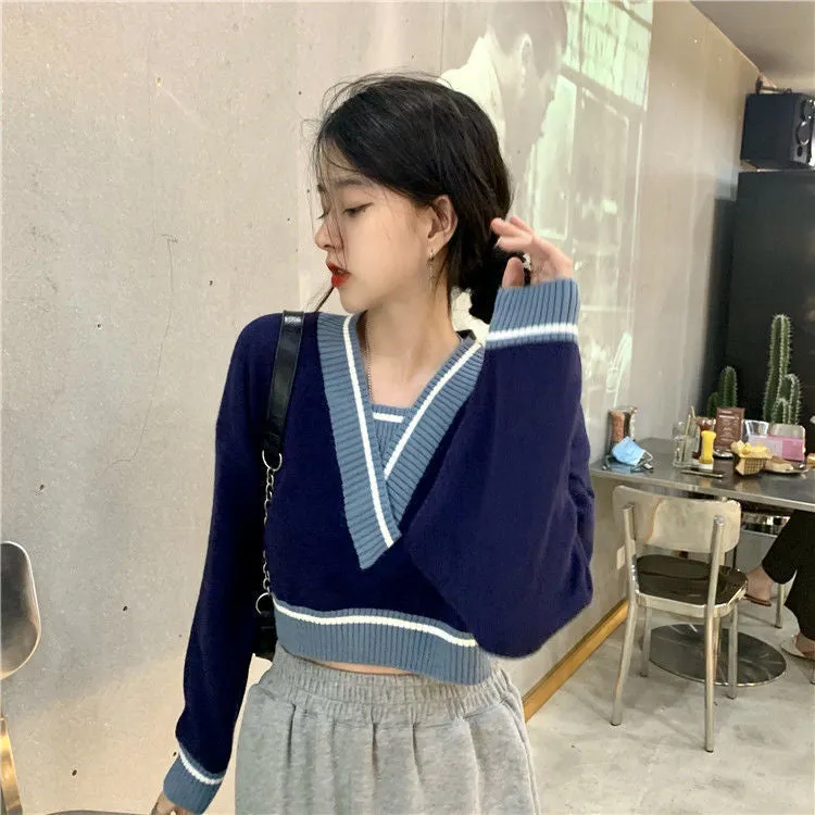 V-Neck Retro Panelled Cropped Sweater