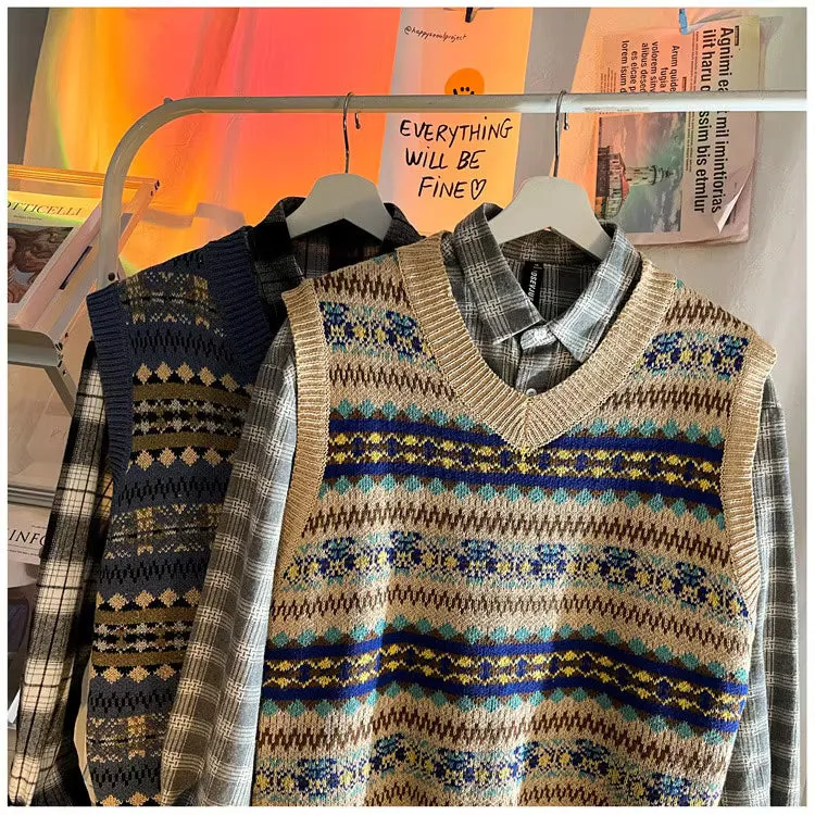 V-Neck Retro Style Pattern Sleeveless Vest Sweater
