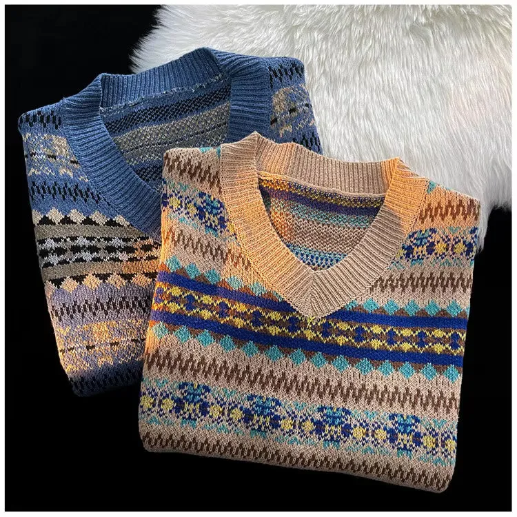 V-Neck Retro Style Pattern Sleeveless Vest Sweater