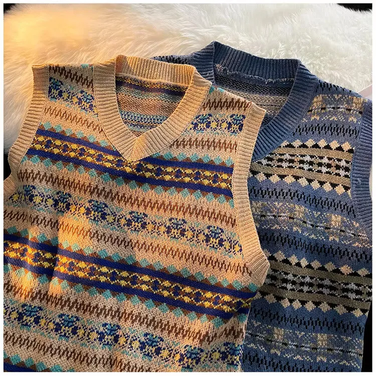 V-Neck Retro Style Pattern Sleeveless Vest Sweater