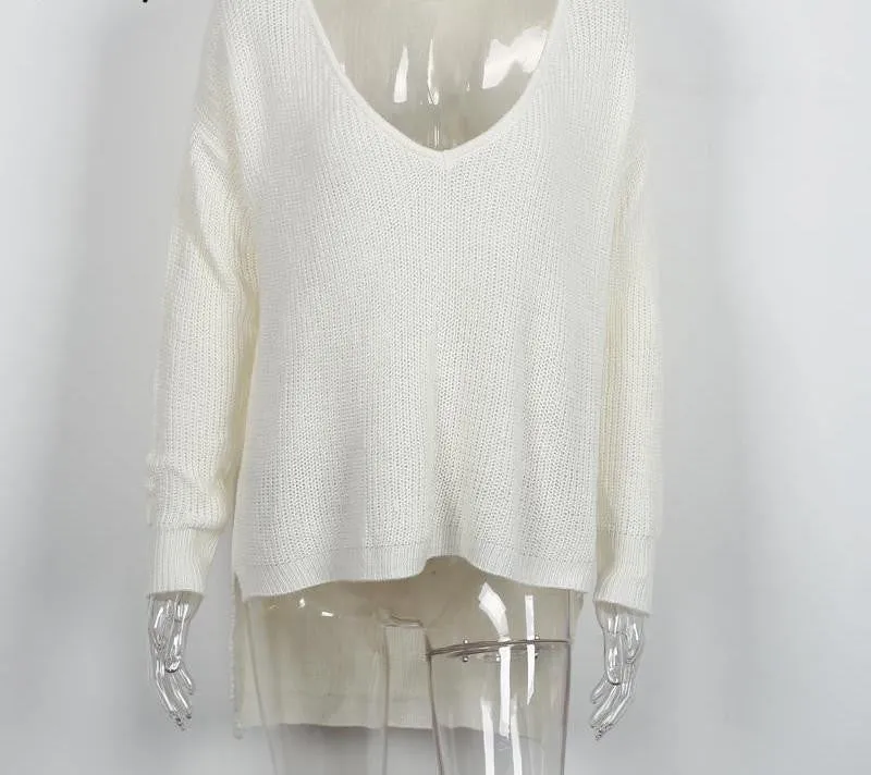 v neck split knitted sweater Women black long sleeve pullovers knitwear white jumper pull