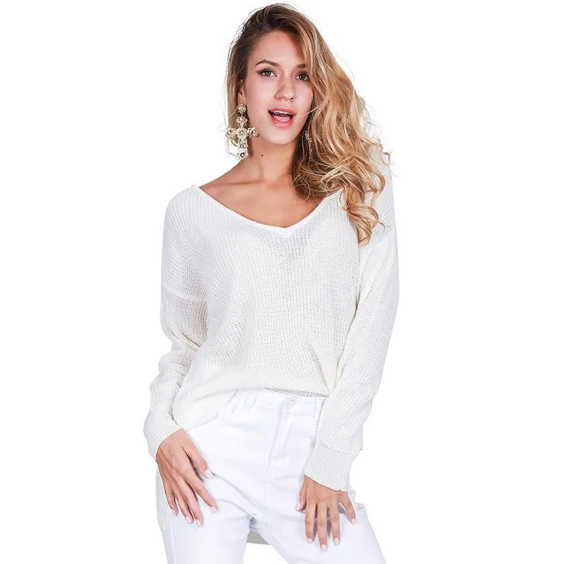 v neck split knitted sweater Women black long sleeve pullovers knitwear white jumper pull
