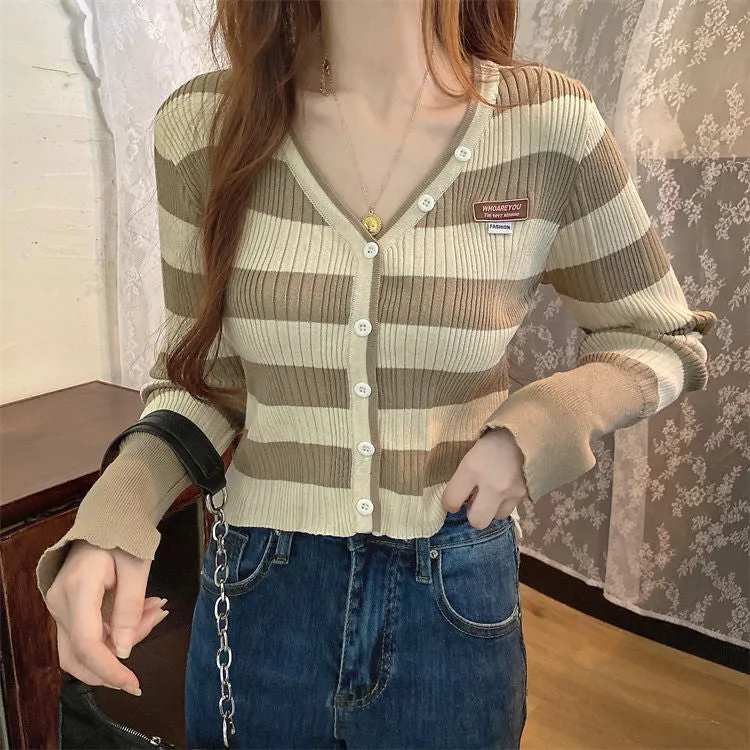 V-Neck Stripes Cropped Casual Cardigan Sweater