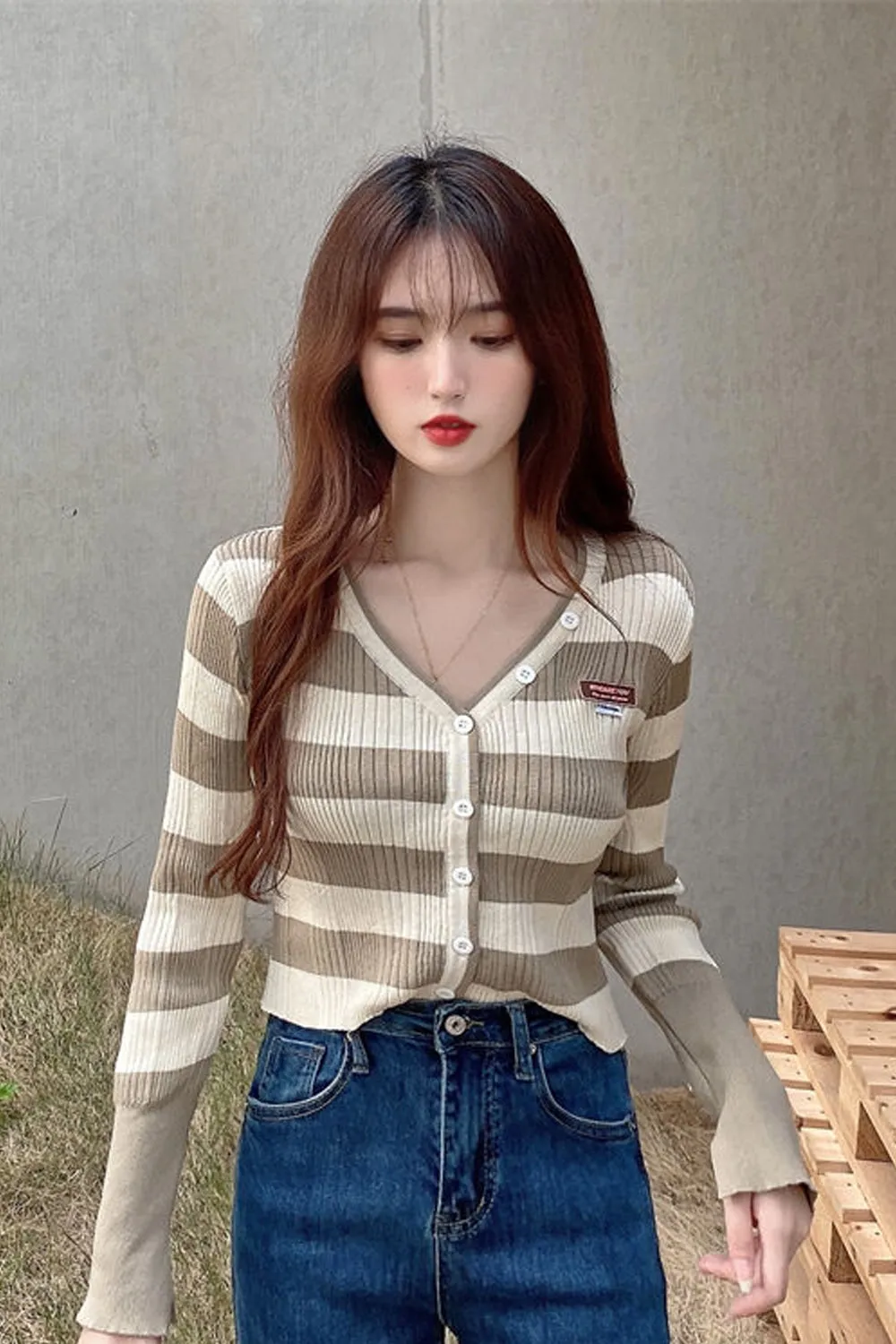 V-Neck Stripes Cropped Casual Cardigan Sweater