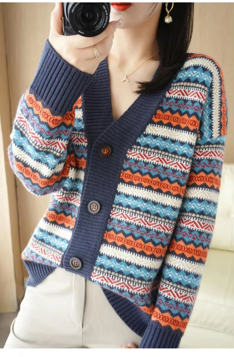 V-Neck Vintage Pattern Cardigan Sweater
