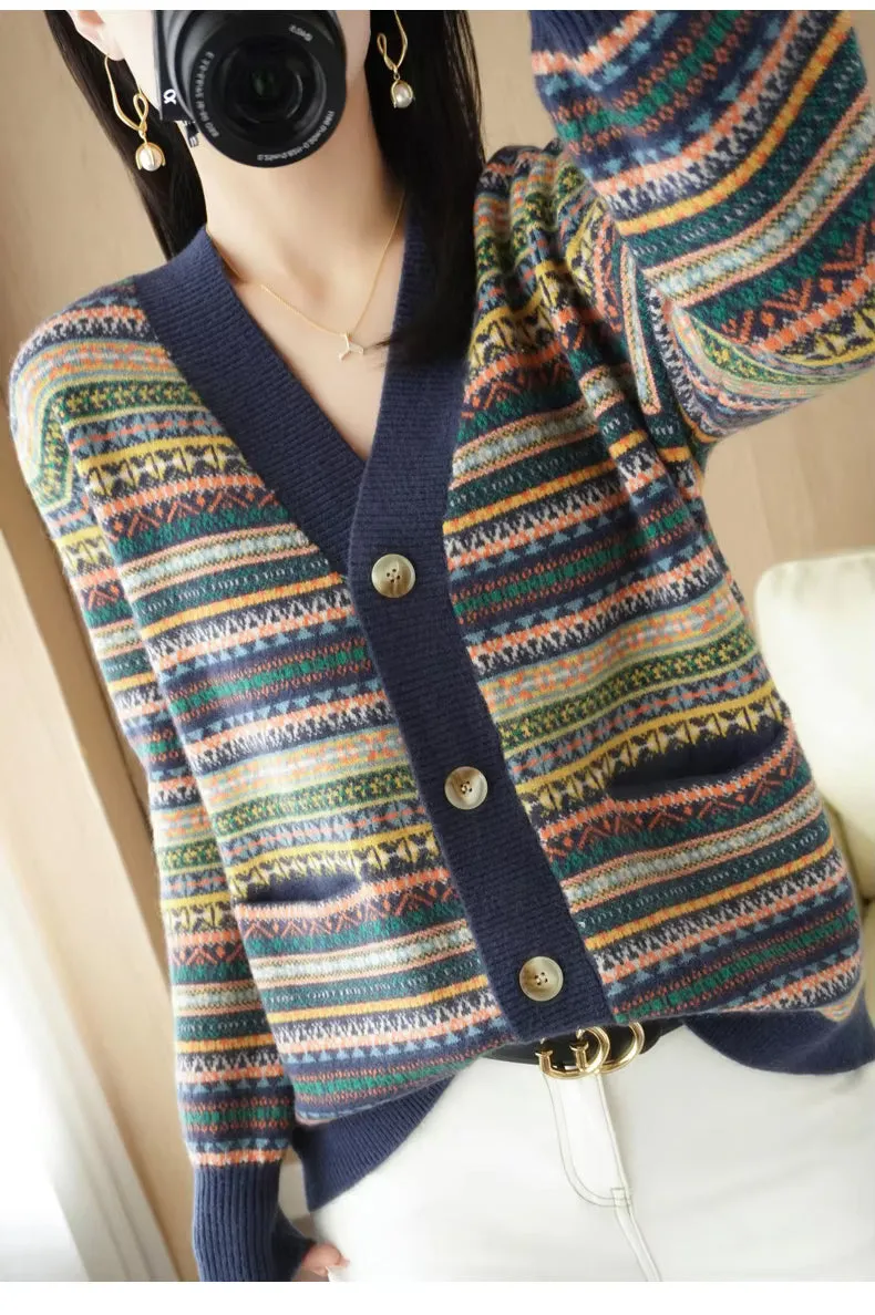V-Neck Vintage Pattern Cardigan Sweater