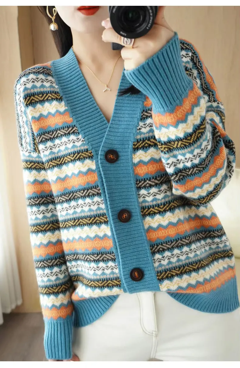 V-Neck Vintage Pattern Cardigan Sweater