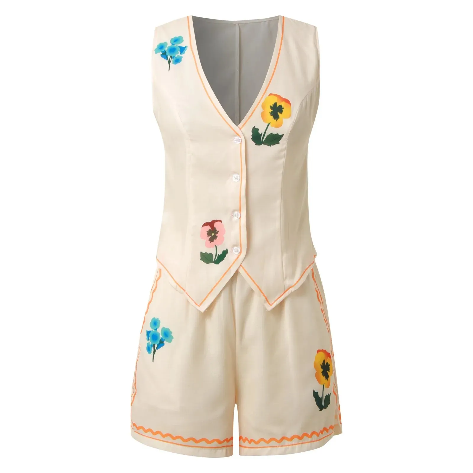 Vintage 2025 Summer Short Sets Floral Embroidery Woman 2 Piece Outfits V Neck Sleeveless Buttons Vest Top   Short Pants Suit