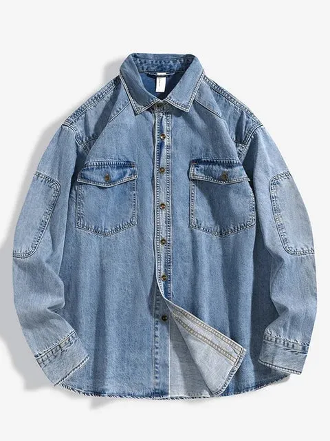WesternVogue Herren Langarm-Jeanshemd mit Knopftaschen
