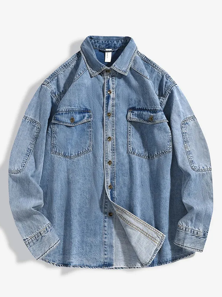 WesternVogue Herren Langarm-Jeanshemd mit Knopftaschen